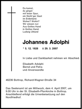 Traueranzeige von Johannes Adolphi von Tageszeitung