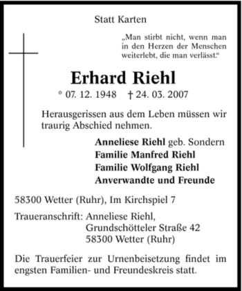 Traueranzeige von Erhard Riehl von Tageszeitung
