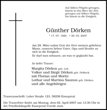 Traueranzeige von Günther Dörken von Tageszeitung