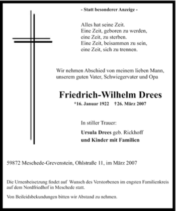 Traueranzeige von Friedrich-Wilhelm Drees von Tageszeitung
