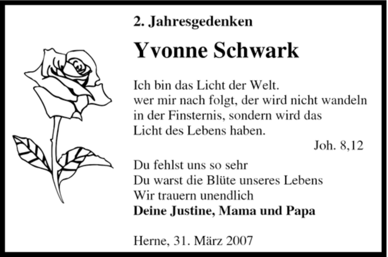  Traueranzeige für Yvonne Schwark vom 31.03.2007 aus Tageszeitung