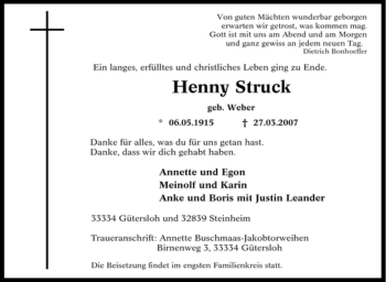 Traueranzeige von Henny Struck von Tageszeitung