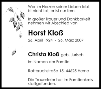 Traueranzeige von Horst Kloß von Tageszeitung