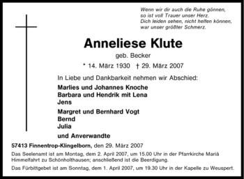 Traueranzeige von Anneliese Klute von Tageszeitung
