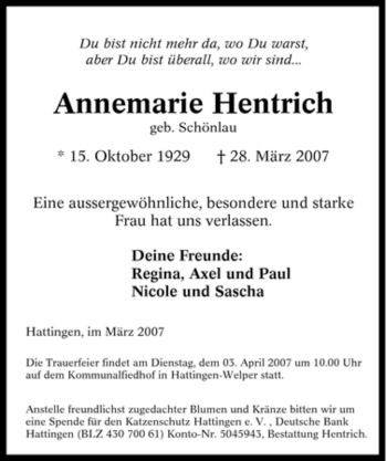 Traueranzeige von Annemarie Hentrich von Tageszeitung