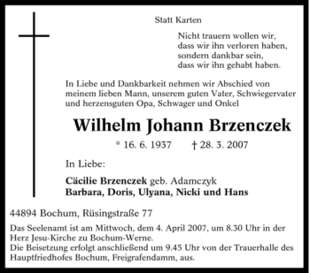 Traueranzeige von Wilhelm Johann Brzenczek von Tageszeitung