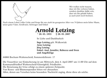 Traueranzeige von Arnold Letzing von Tageszeitung