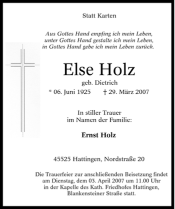 Traueranzeige von Else Holz von Tageszeitung