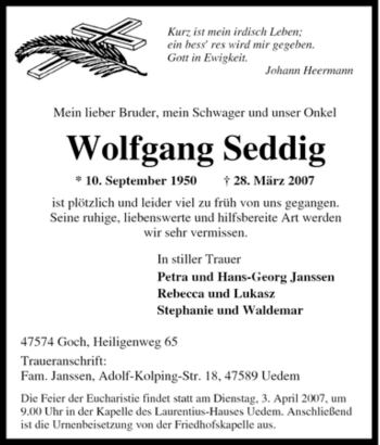 Traueranzeige von Wolfgang Seddig von Tageszeitung