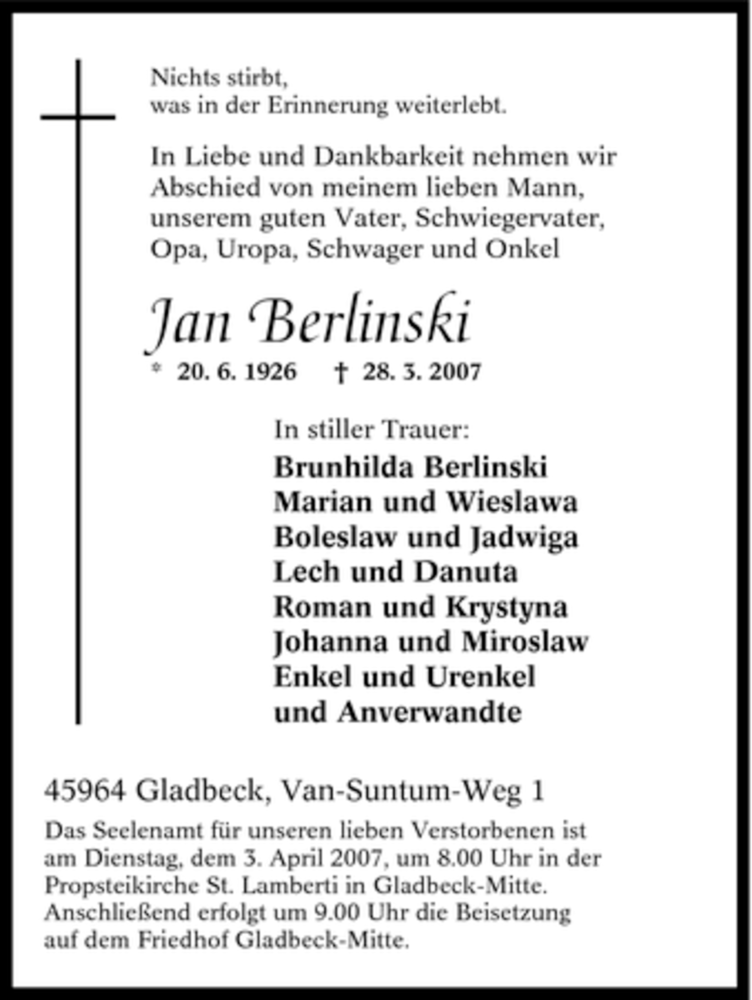  Traueranzeige für Jan Berlinski vom 31.03.2007 aus Tageszeitung
