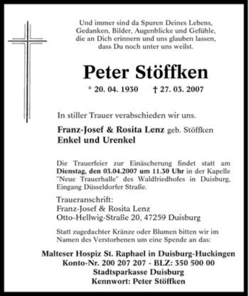 Traueranzeige von Peter Stöffken von Tageszeitung