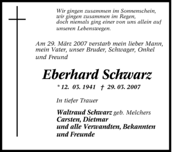 Traueranzeige von Eberhard Schwarz von Tageszeitung