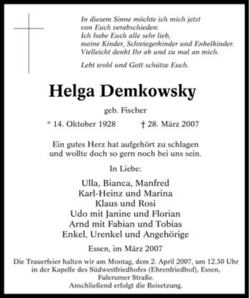 Traueranzeige von Helga Demkowsky von Tageszeitung