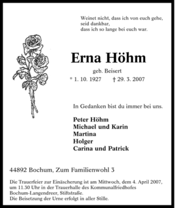 Traueranzeige von Erna Höhm von Tageszeitung