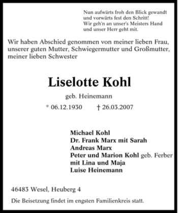Traueranzeige von Liselotte Kohl von Tageszeitung