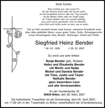 Traueranzeige von Siegfried Heinz Bender von Tageszeitung