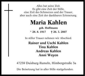 Traueranzeige von Maria Kahlen von Tageszeitung