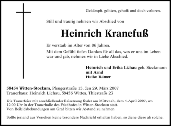 Traueranzeige von Heinrich Kranefuß von Tageszeitung