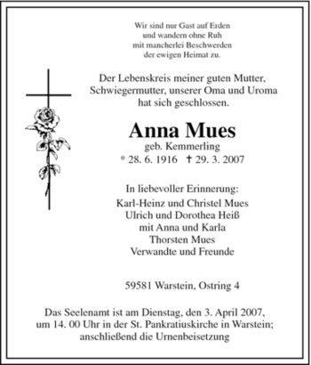 Traueranzeige von Anna Mues von Tageszeitung