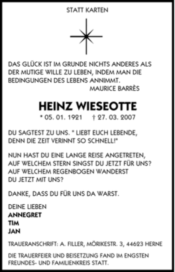 Traueranzeige von Heinz Wieseotte von Tageszeitung