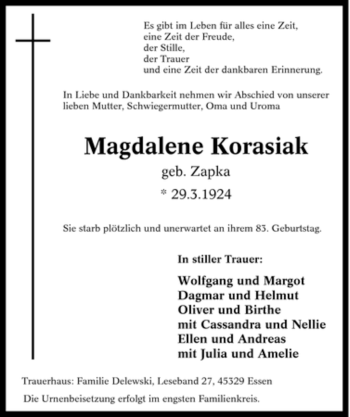Traueranzeige von Magdalene Korasiak von Tageszeitung