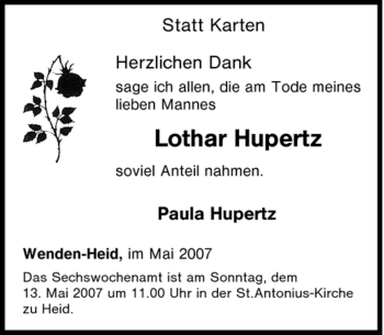 Traueranzeige von Lothar Hupertz von Tageszeitung