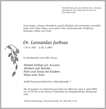 Traueranzeige von Leonardas Jurksas von Tageszeitung