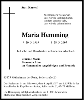 Traueranzeige von Maria Hemming von Tageszeitung