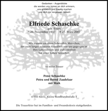 Traueranzeige von Elfriede Schaschke von Tageszeitung