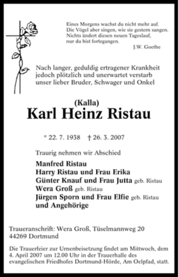 Traueranzeige von Karl Heinz Ristau von Tageszeitung