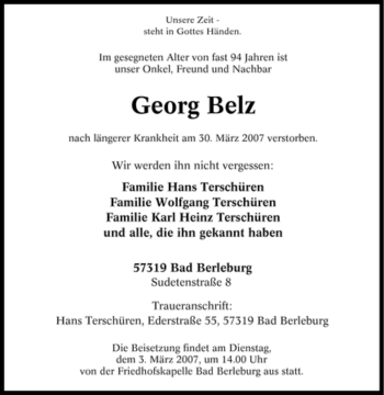 Traueranzeige von Georg Belz von Tageszeitung