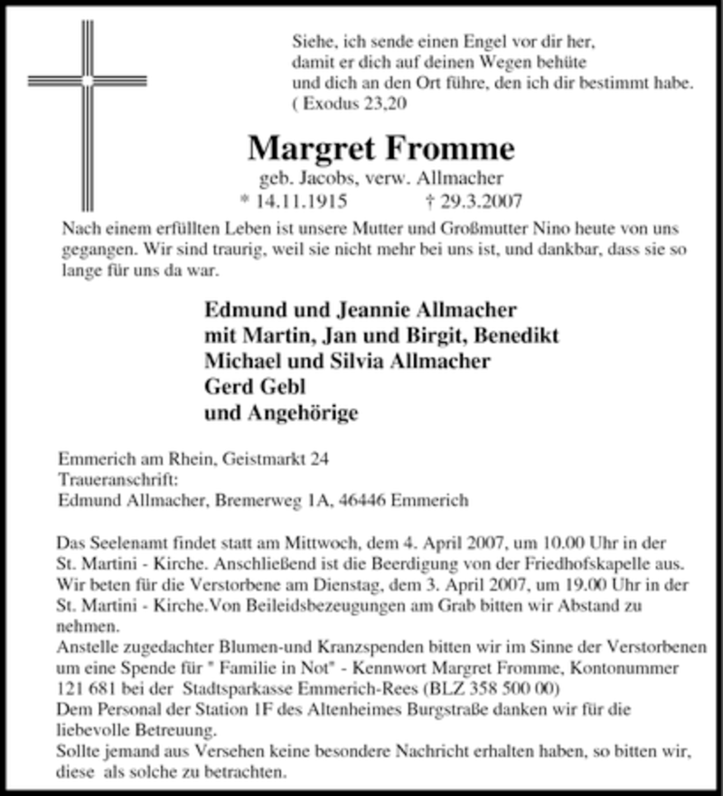  Traueranzeige für Margret Fromme vom 31.03.2007 aus Tageszeitung