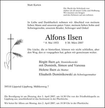 Traueranzeige von Alfons Ilsen von Tageszeitung