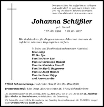 Traueranzeige von Johanna Schüßler von Tageszeitung
