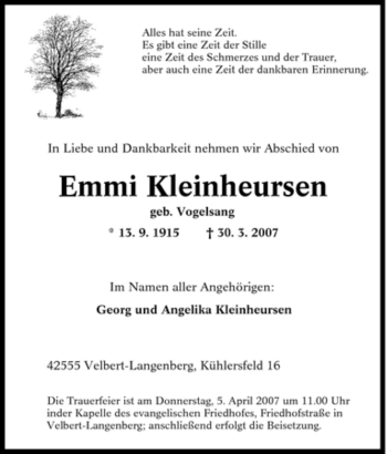 Traueranzeige von Emmi Kleinheursen von Tageszeitung