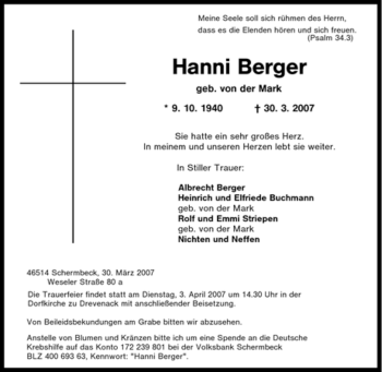 Traueranzeige von Hanni Berger von Tageszeitung