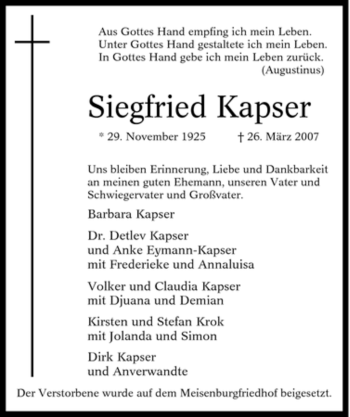 Traueranzeige von Siegfried Kapser von Tageszeitung