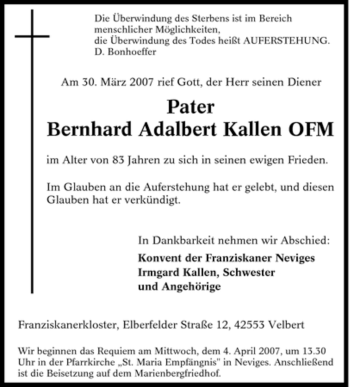Traueranzeige von Bernhard Adalbert Kallen von Tageszeitung