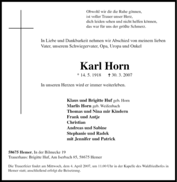 Traueranzeige von Karl Horn von Tageszeitung