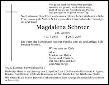 Traueranzeige von gdalena Schroer von Tageszeitung