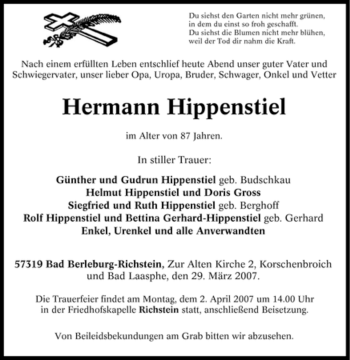 Traueranzeige von Hermann Hippenstiel von Tageszeitung