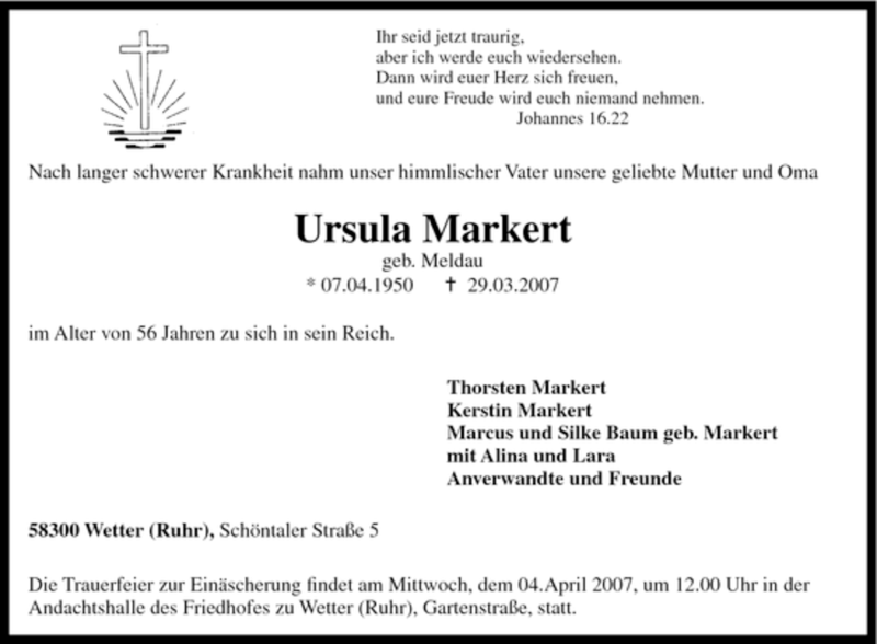  Traueranzeige für Ursula Markert vom 31.03.2007 aus Tageszeitung