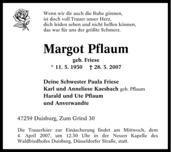 Traueranzeige von Margot Pflaum von Tageszeitung