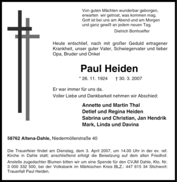 Traueranzeige von Paul Heiden von Tageszeitung