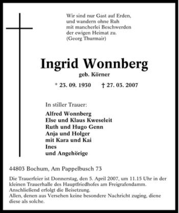 Traueranzeige von Ingrid Wonnberg von Tageszeitung