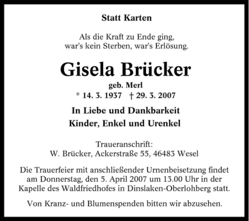  Traueranzeige für Gisela Brücker vom 31.03.2007 aus Tageszeitung