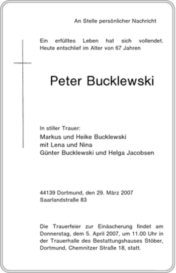 Traueranzeige von Peter Bucklewski von Tageszeitung