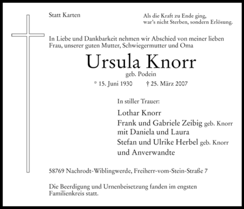  Traueranzeige für Ursula Knorr vom 31.03.2007 aus Tageszeitung