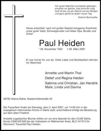 Traueranzeige von Paul Heiden von Tageszeitung