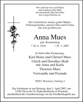 Traueranzeige von Anna Mues von Tageszeitung